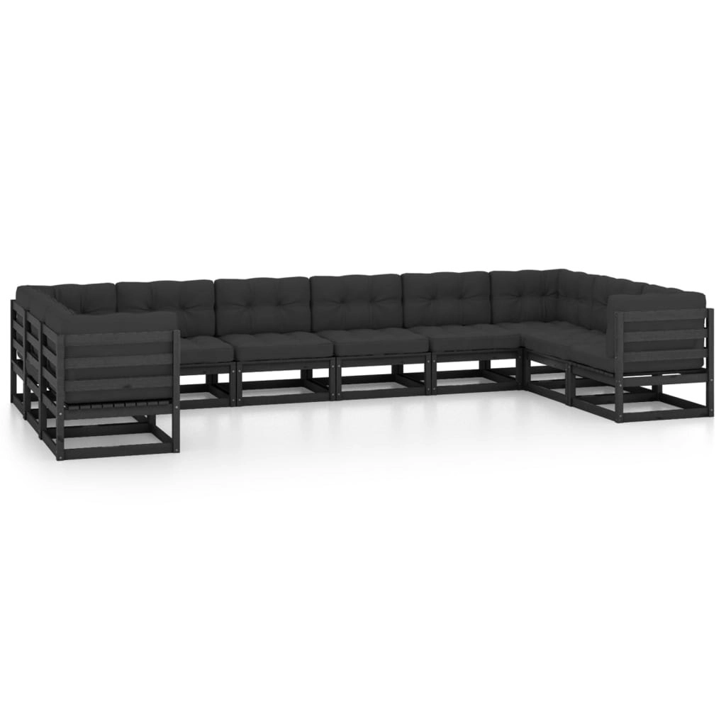 10 Piece Garden Lounge Set with Cushions Black Solid Pinewood 3077323