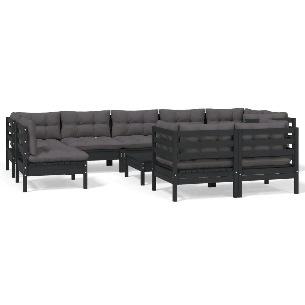 10 Piece Garden Lounge Set with Cushions Black Solid Pinewood 3096536