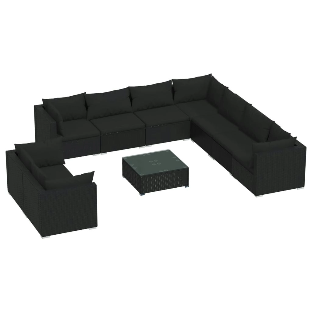 10 Piece Garden Lounge Set with Cushions Black Poly Rattan 3102504