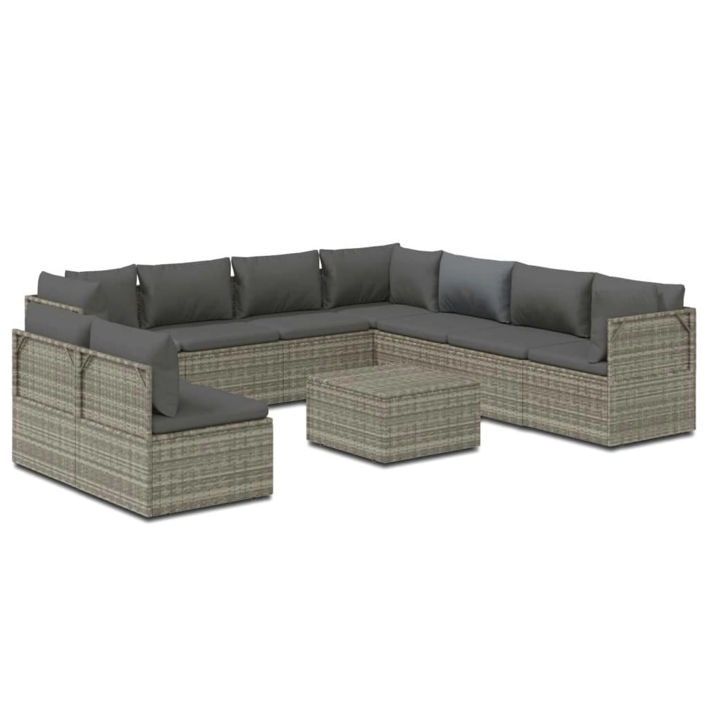 10 Piece Garden Lounge Set with Cushions Grey Poly Rattan 3157449