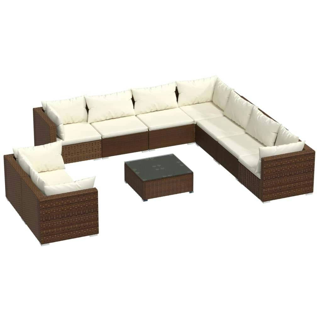 10 Piece Garden Lounge Set with Cushions Brown Poly Rattan 3102506