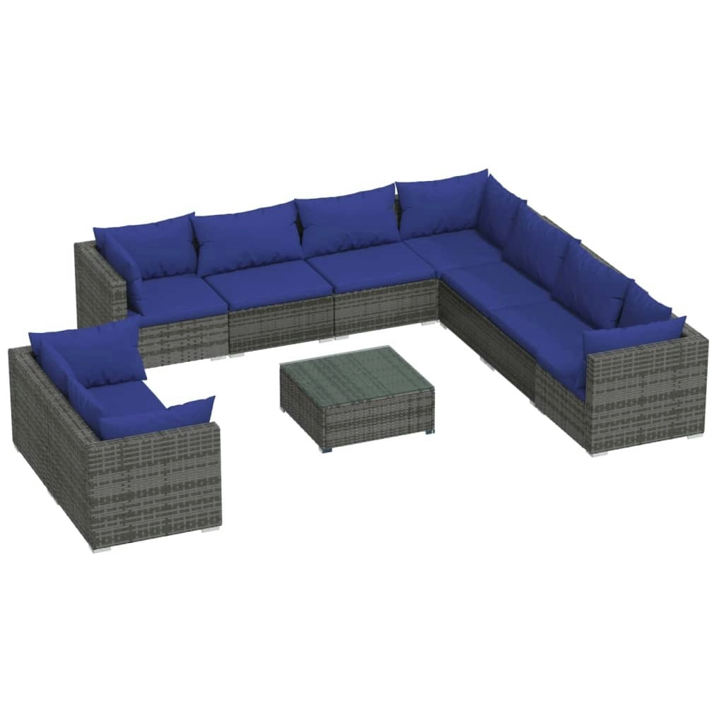 10 Piece Garden Lounge Set with Cushions Grey Poly Rattan 3102510