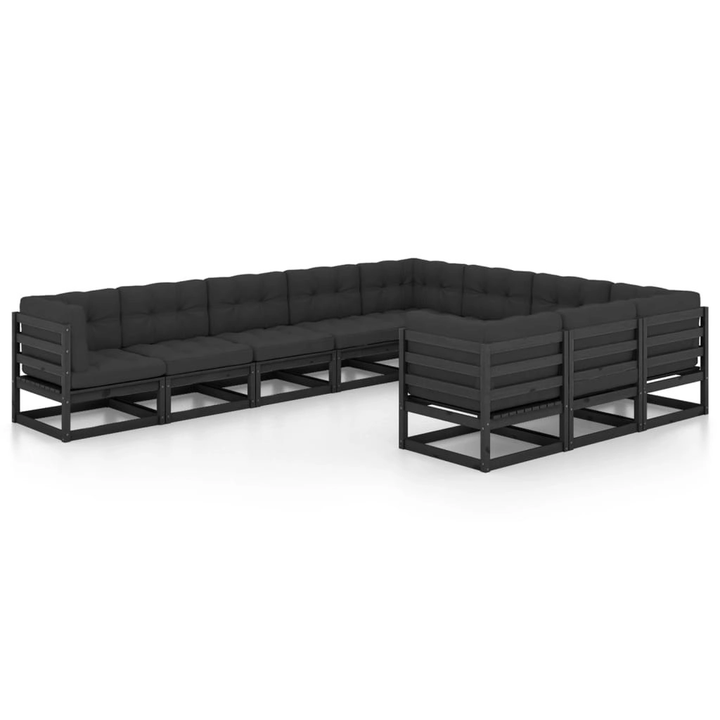 10 Piece Garden Lounge Set with Cushions Black Solid Pinewood 3077048