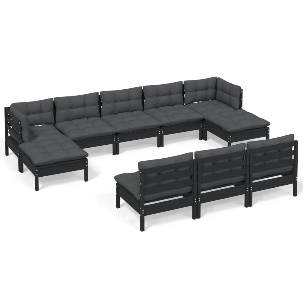 10 Piece Garden Lounge Set with Cushions Black Pinewood 3097119