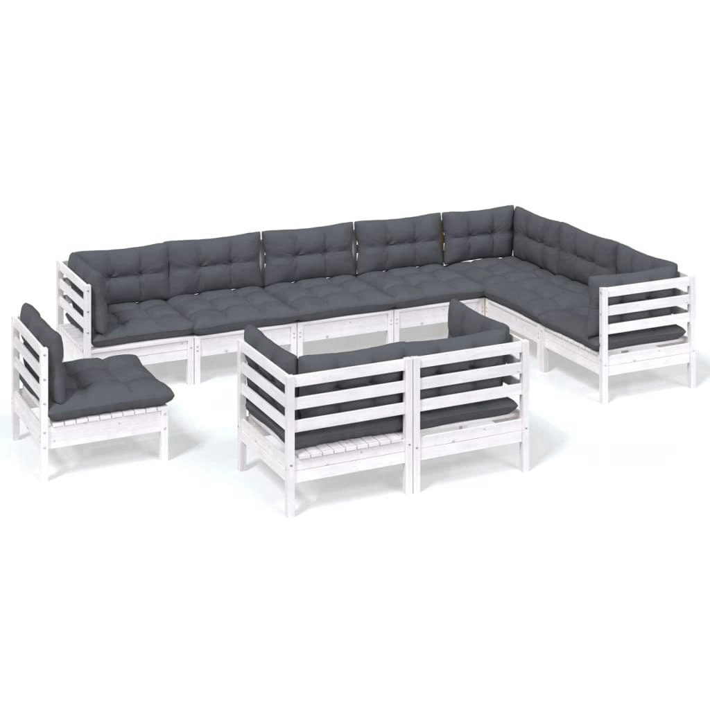 10 Piece Garden Lounge Set with Cushions White Solid Pinewood 3096780