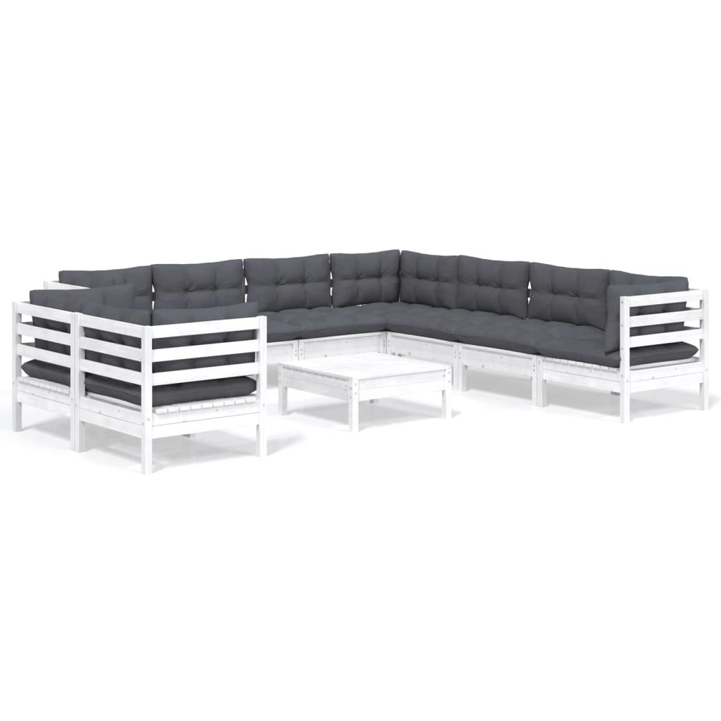 10 Piece Garden Lounge Set with Cushions White Solid Pinewood 3096906