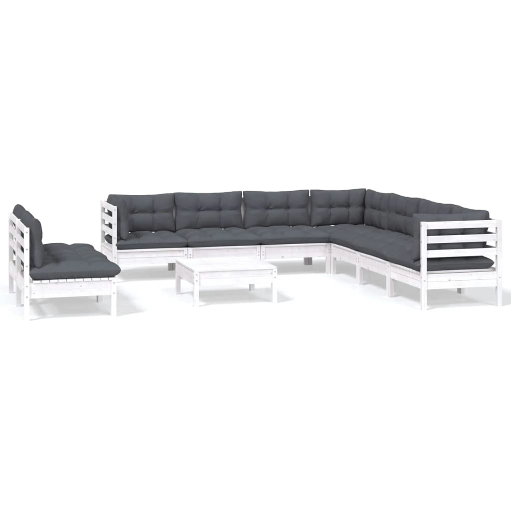 10 Piece Garden Lounge Set with Cushions White Solid Pinewood 3096834