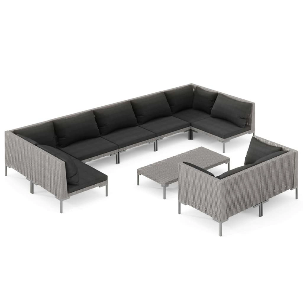 10 Piece Garden Lounge Set with Cushions Poly Rattan Dark Grey 3099943