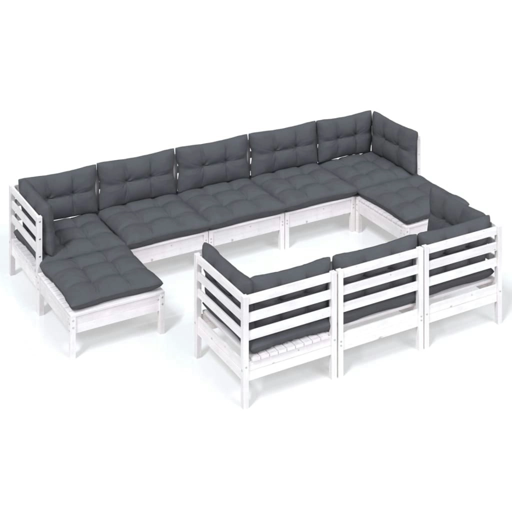 10 Piece Garden Lounge Set with Cushions White Solid Pinewood 3097140