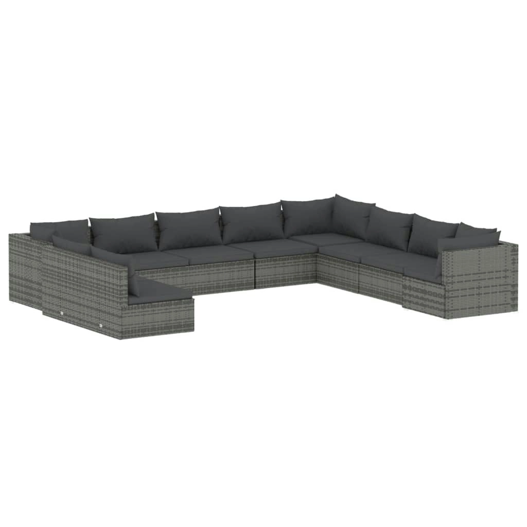 10 Piece Garden Lounge Set with Cushions Grey Poly Rattan 3102437