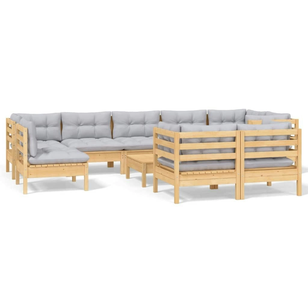 10 Piece Garden Lounge Set with Grey Cushions Solid Pinewood 3096531