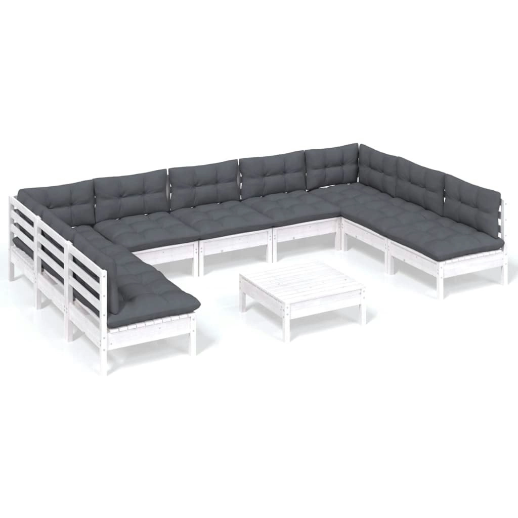 10 Piece Garden Lounge Set with Cushions White Solid Pinewood 3097182