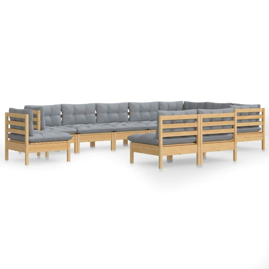 10 Piece Garden Lounge Set with Grey Cushions Solid Pinewood 3096754