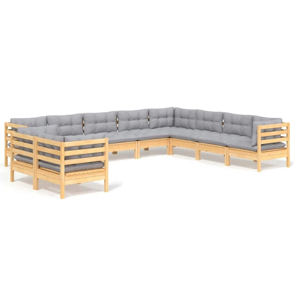 10 Piece Garden Lounge Set with Grey Cushions Solid Pinewood 3096910