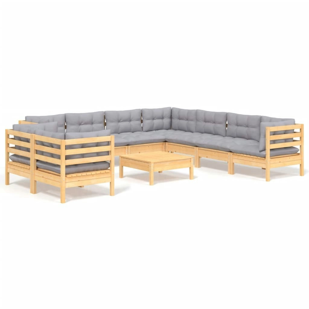 10 Piece Garden Lounge Set with Grey Cushions Solid Pinewood 3096904