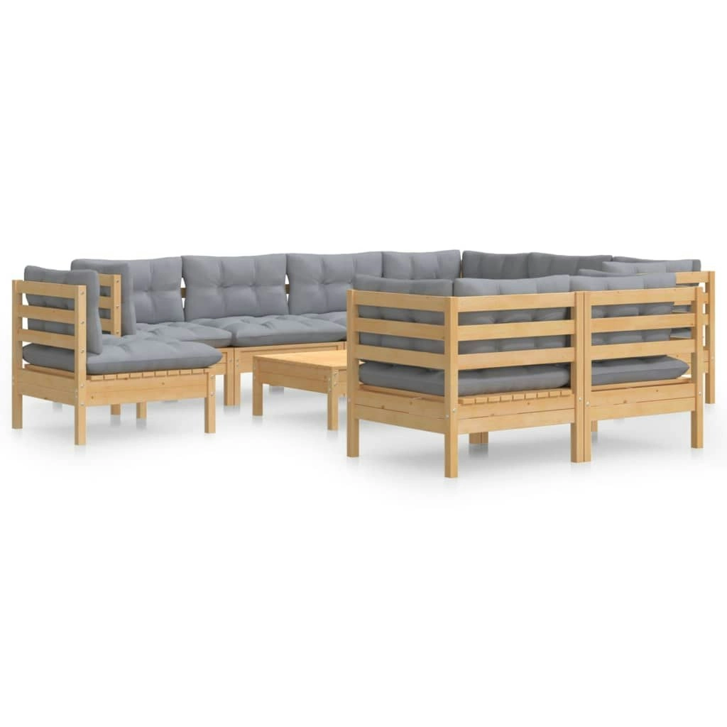 10 Piece Garden Lounge Set with Grey Cushions Solid Pinewood 3096772