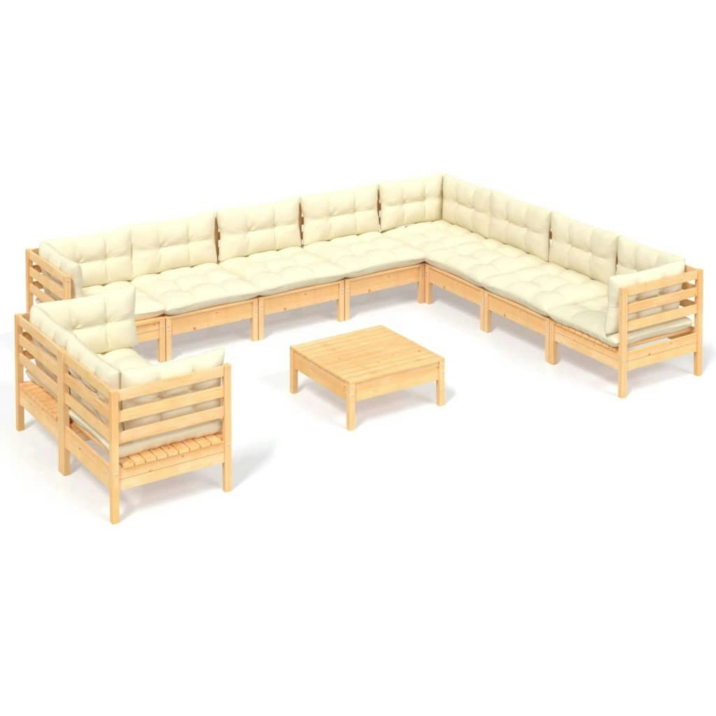 11 Piece Garden Lounge Set with Cream Cushions Solid Pinewood 3096917