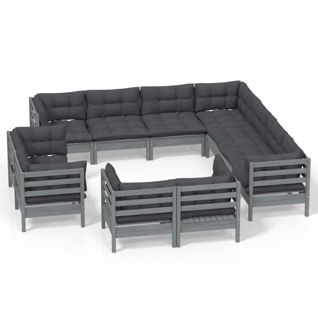 11 Piece Garden Lounge Set with Cushions Grey Solid Pinewood 3096937