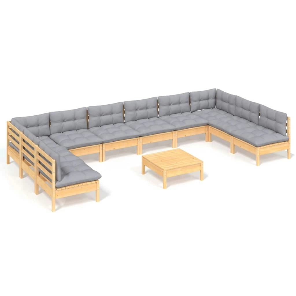 11 Piece Garden Lounge Set with Grey Cushions Solid Pinewood 3097192