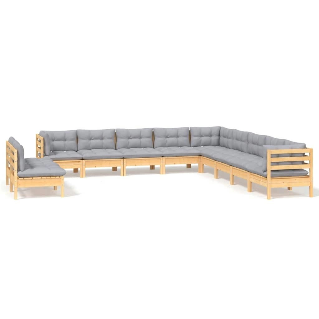 11 Piece Garden Lounge Set with Grey Cushions Solid Pinewood 3096850