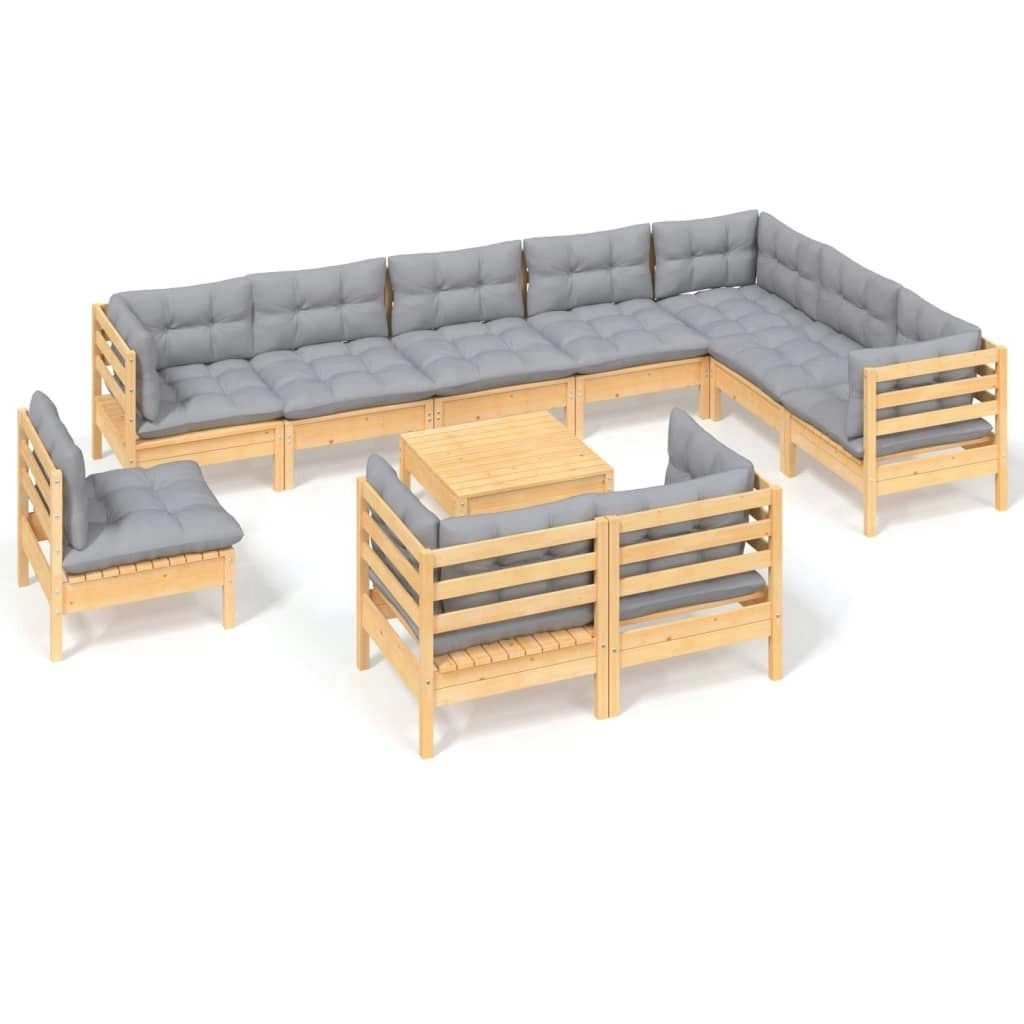 11 Piece Garden Lounge Set with Grey Cushions Solid Pinewood 3096784