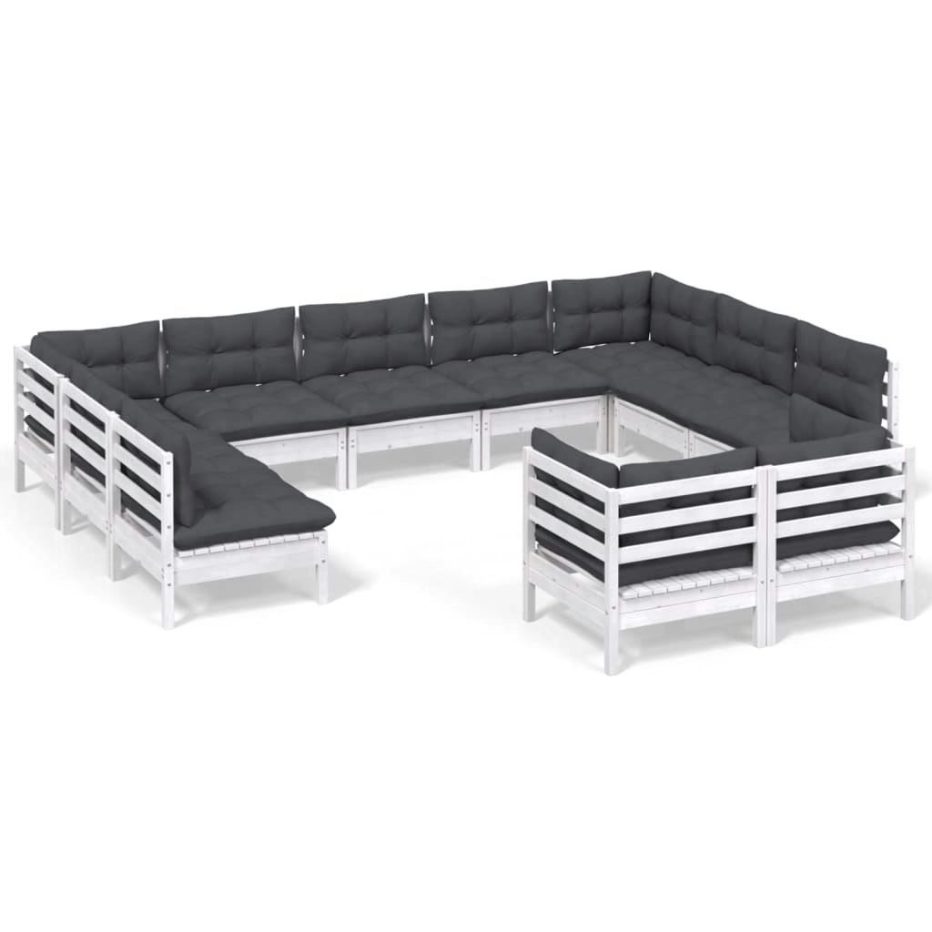 11 Piece Garden Lounge Set with Cushions White Solid Pinewood 3097260