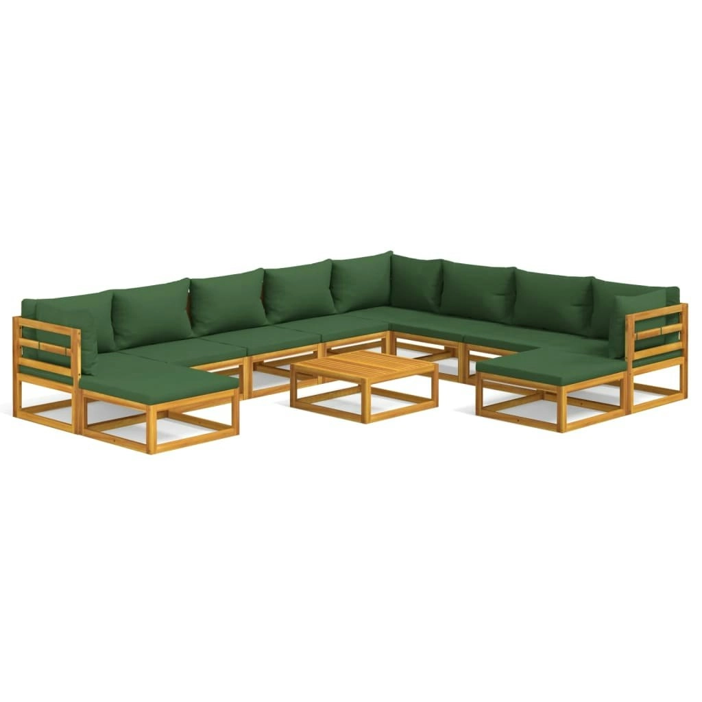 11 Piece Garden Lounge Set with Green Cushions Solid Wood 3155324