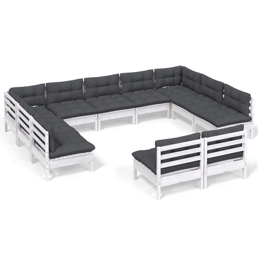 11 Piece Garden Lounge Set with Cushions White Solid Pinewood 3097212