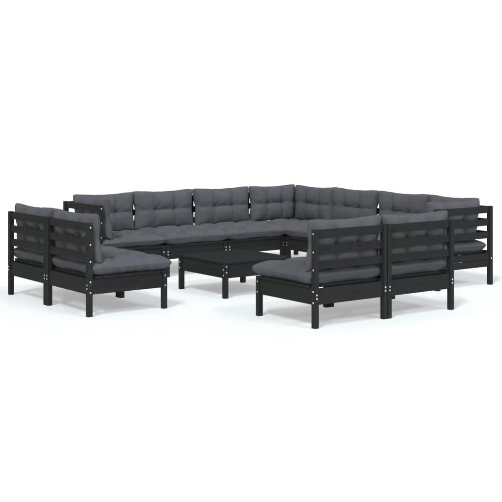 12 Piece Garden Lounge Set with Cushions Black Solid Pinewood 3096873