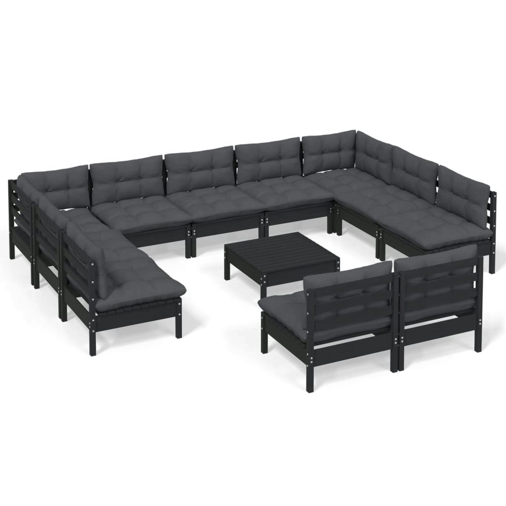 12 Piece Garden Lounge Set with Cushions Black Solid Pinewood 3097221