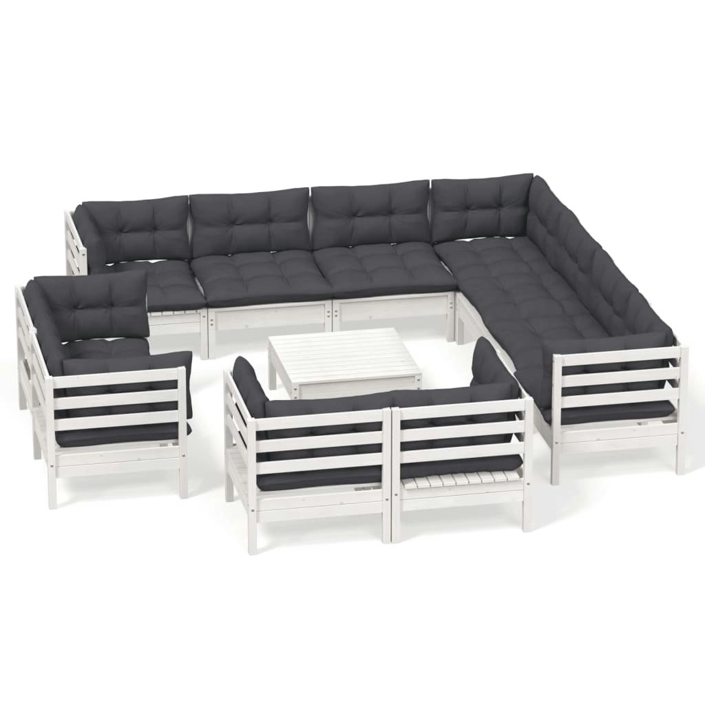 12 Piece Garden Lounge Set with Cushions White Solid Pinewood 3096942