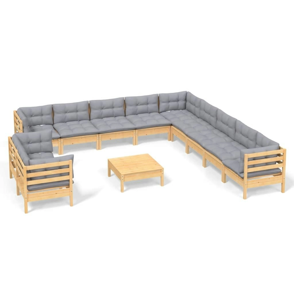 12 Piece Garden Lounge Set with Grey Cushions Solid Pinewood 3096928