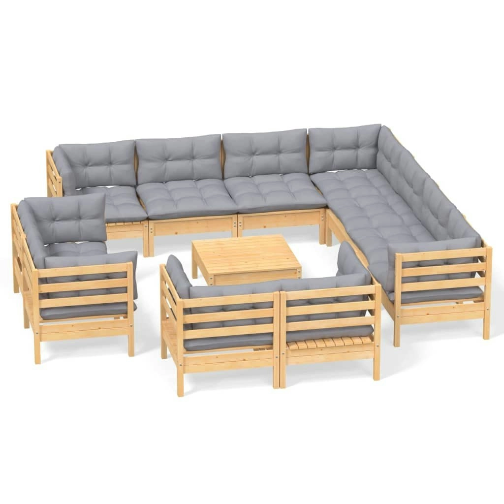 12 Piece Garden Lounge Set with Grey Cushions Solid Pinewood 3096940