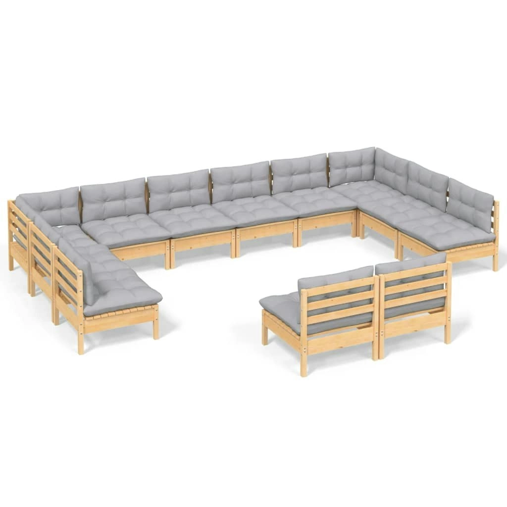 12 Piece Garden Lounge Set with Grey Cushions Solid Pinewood 3097222