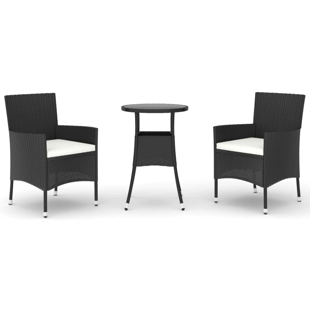 3 Piece Garden Bistro Set with Cushions Black Poly Rattan 3187414