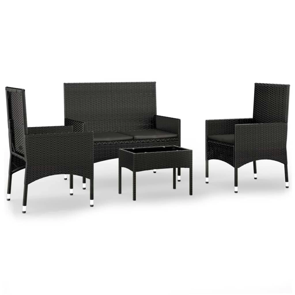 4 Piece Garden Lounge Set with Cushions Black Poly Rattan 319498