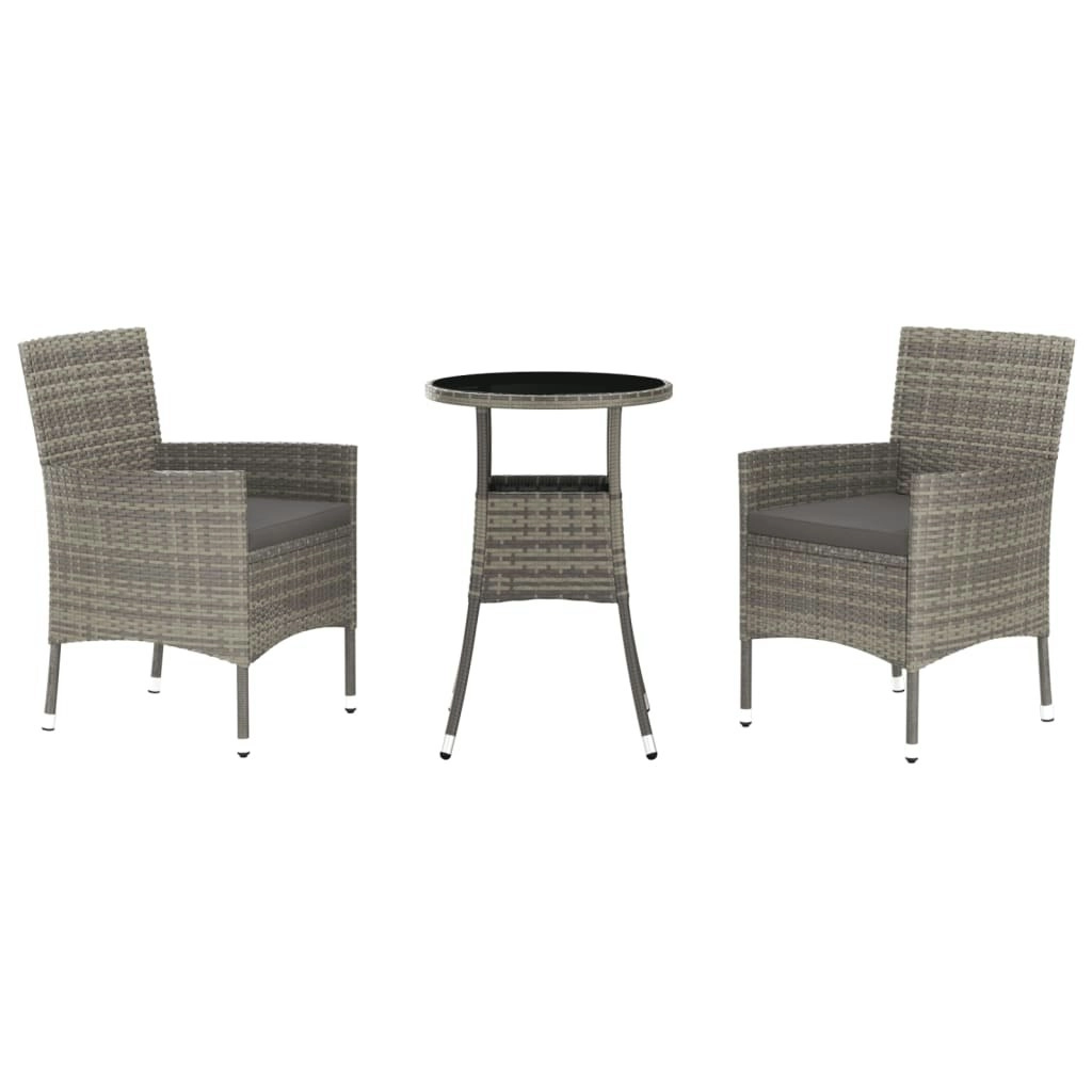 3 Piece Garden Bistro Set with Cushions Grey Poly Rattan 3187418