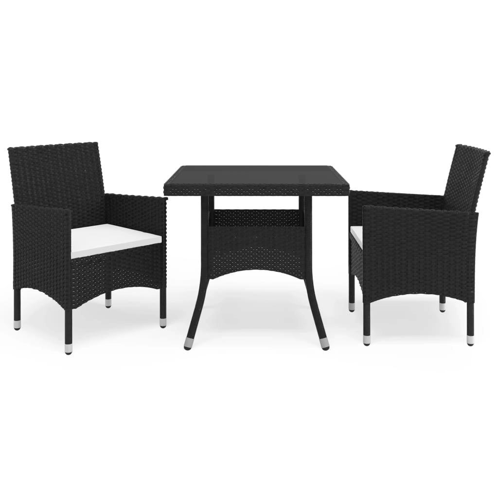 3 Piece Garden Dining Set Black Poly Rattan and Glass 3058308