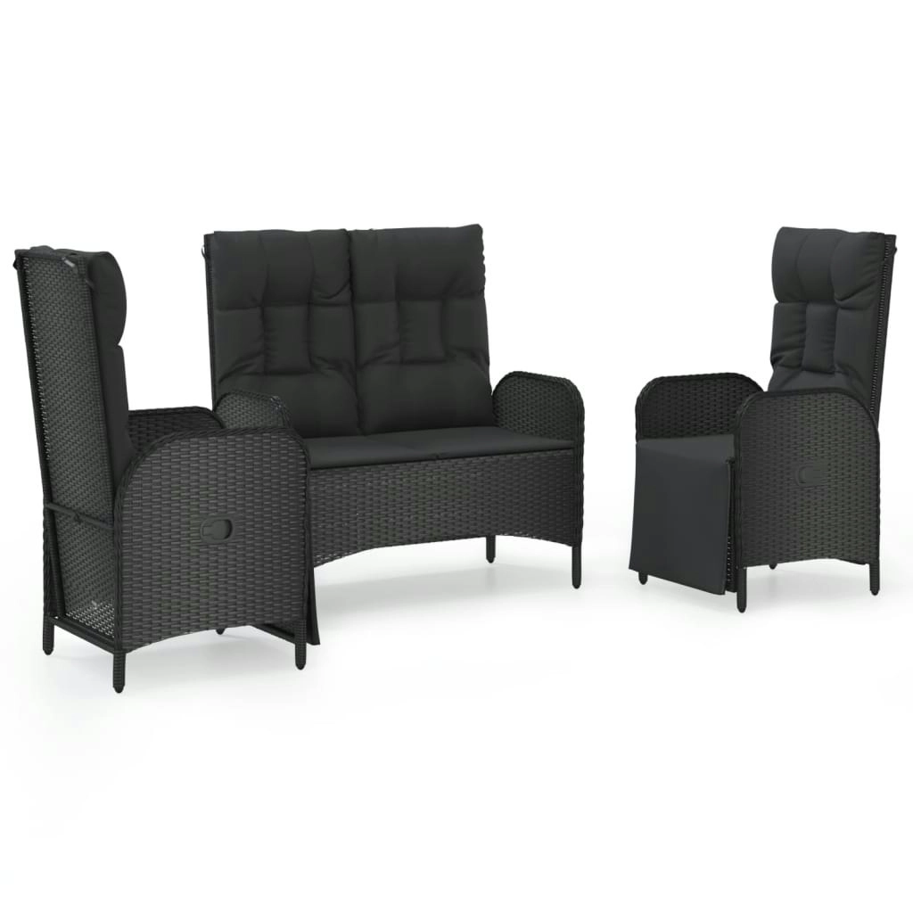 3 Piece Garden Dining Set with Cushions Black Poly Rattan 3185094