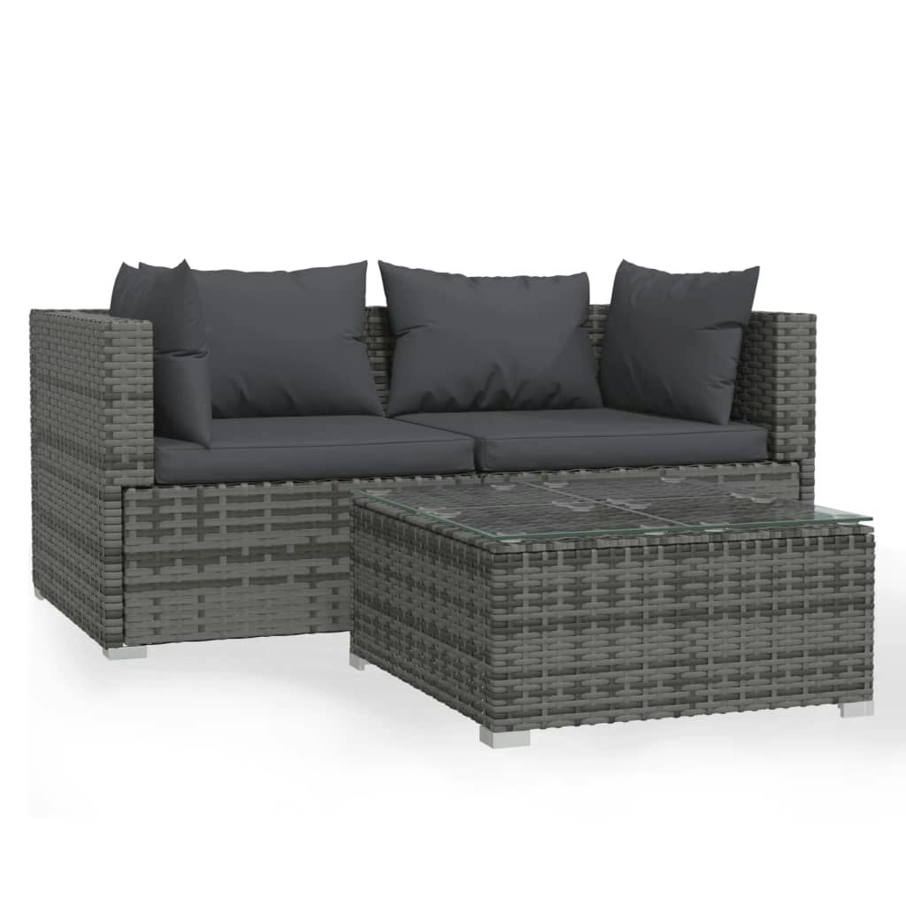 3 Piece Garden Lounge Set with Cushions Grey Poly Rattan 317510