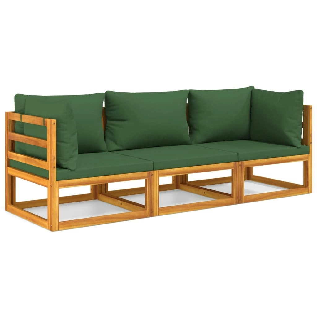 3 Piece Garden Lounge Set with Green Cushions Solid Wood 3155314