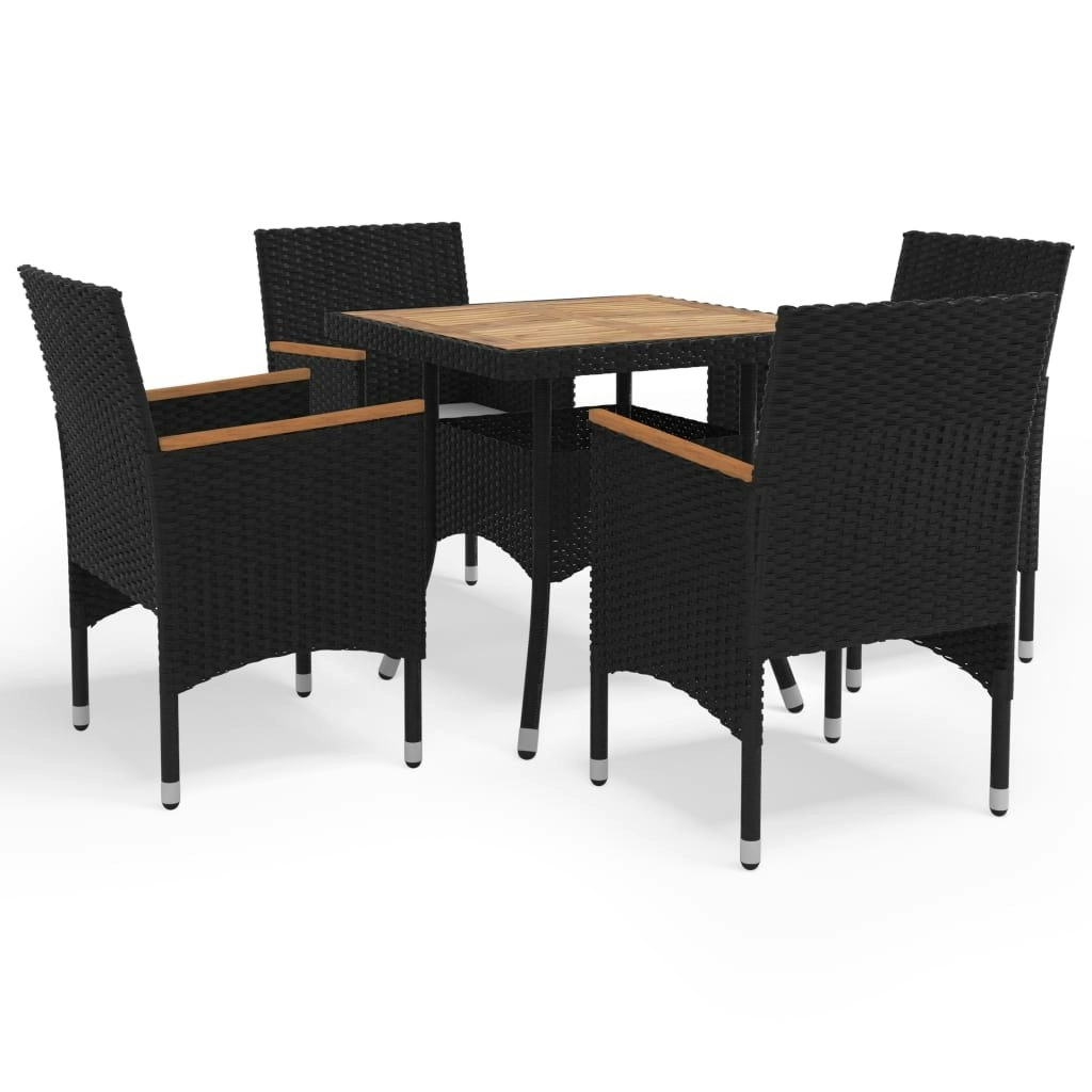 5 Piece Garden Dining Set Black Poly Rattan and Acacia Wood 3058326