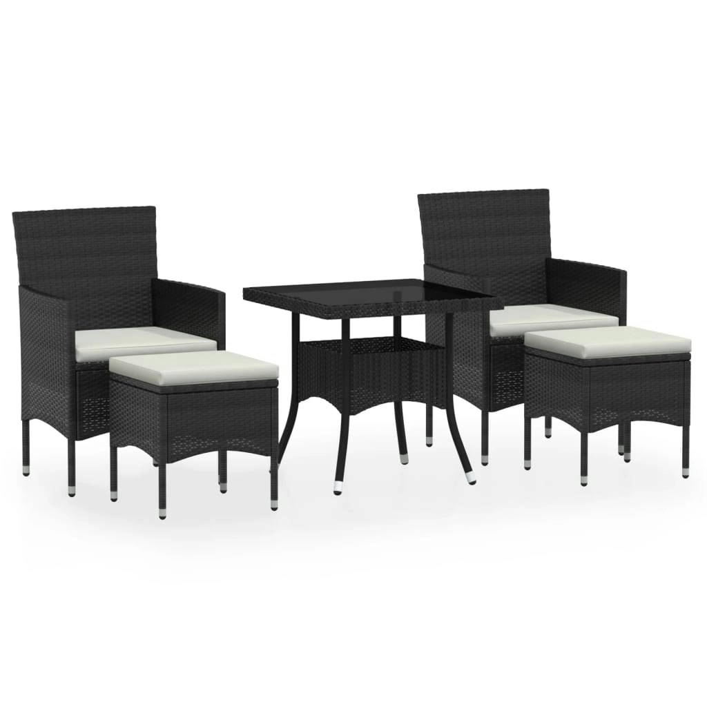 5 Piece Garden Dining Set Poly Rattan and Tempered Glass Black 3058328