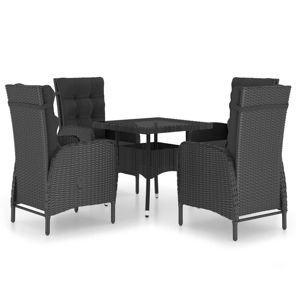 5 Piece Garden Dining Set Poly Rattan and Glass Black 3058528