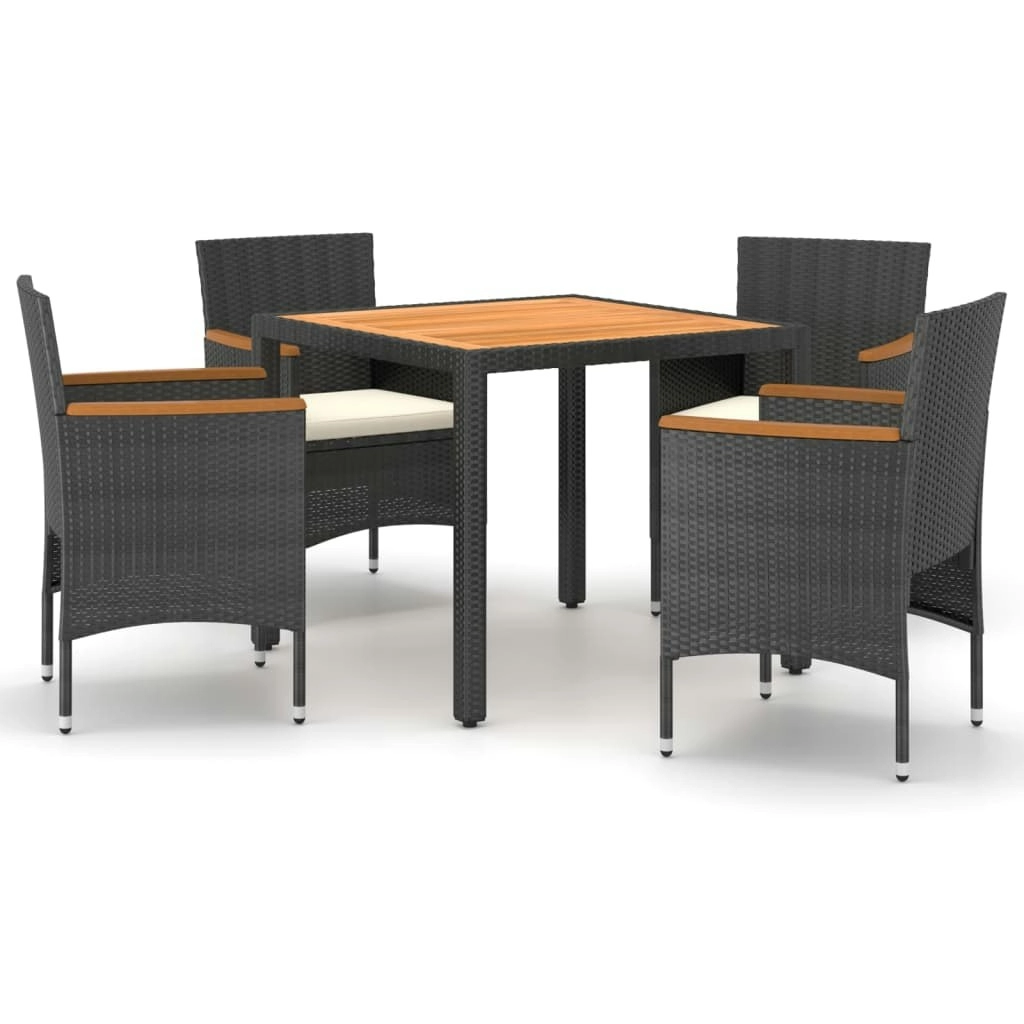 5 Piece Garden Dining Set Poly Rattan & Solid Acacia Wood Black 3058416