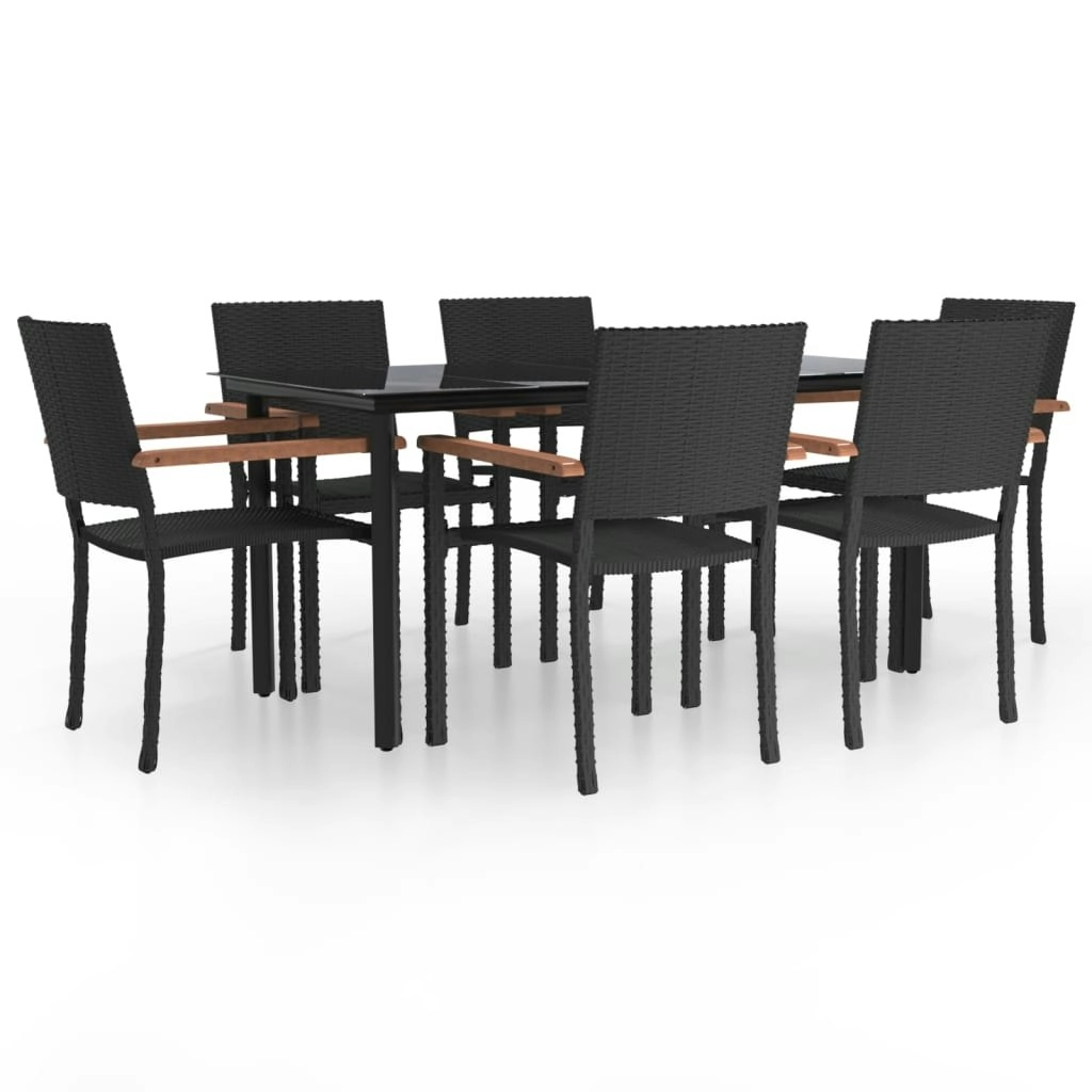 7 Piece Garden Dining Set Black Poly Rattan 3156681