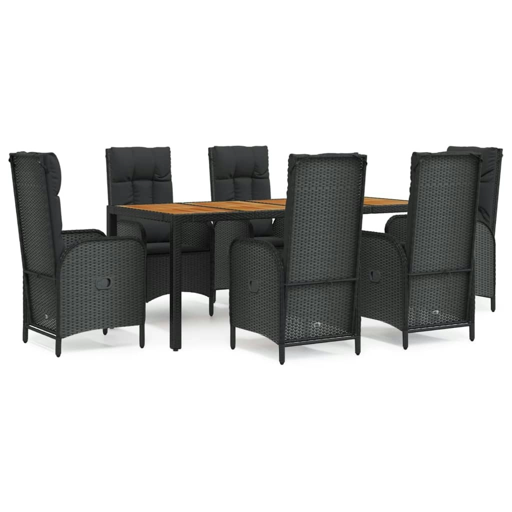 7 Piece Garden Dining Set with Cushions Black Poly Rattan 3185072