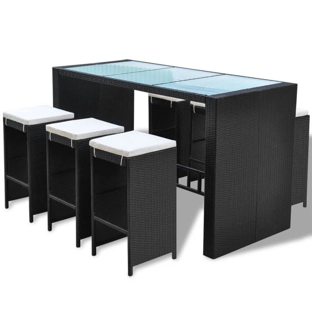 7 Piece Garden Bar Set with Cushions Poly Rattan Black 41837