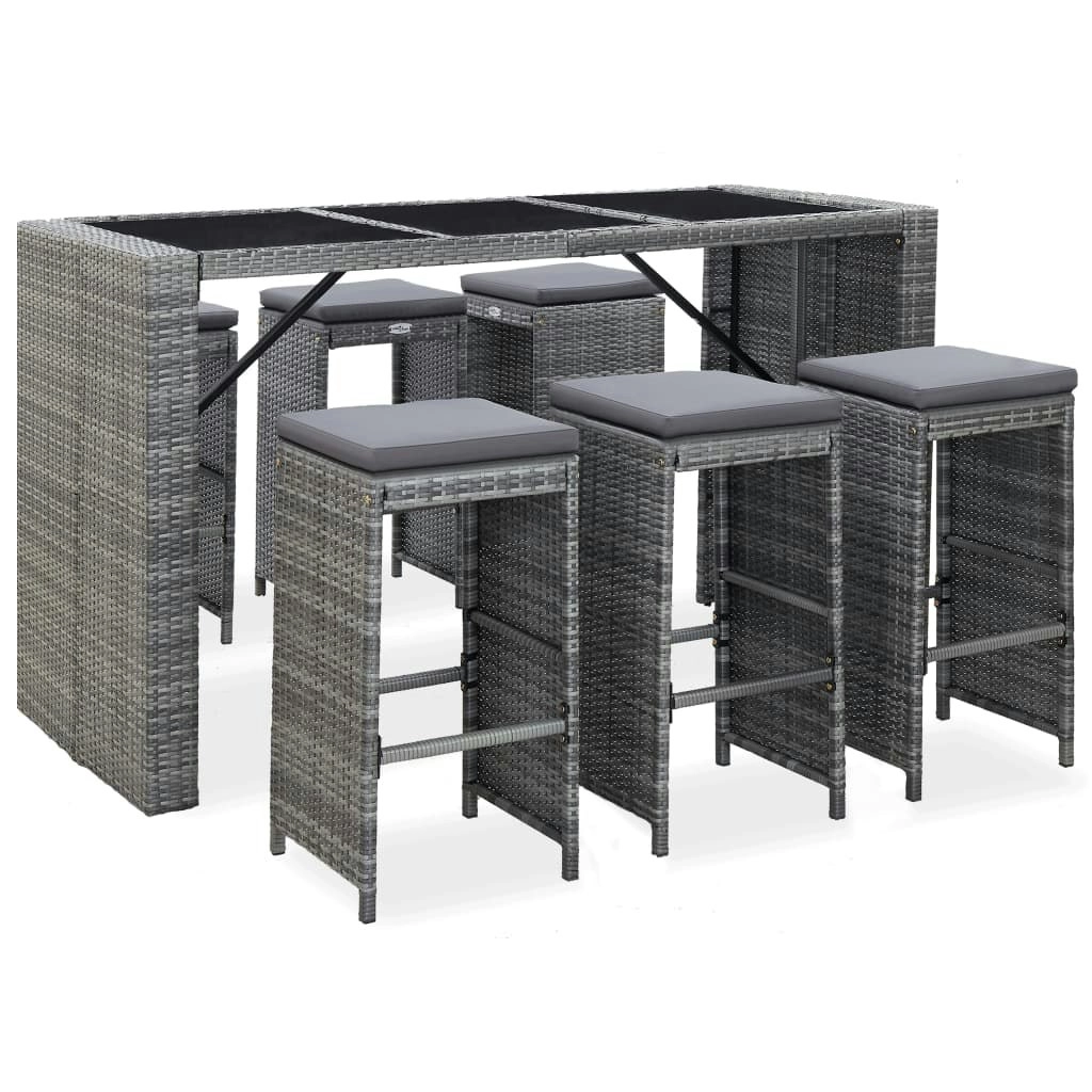 7 Piece Garden Bar Set with Cushions Poly Rattan Grey 49561