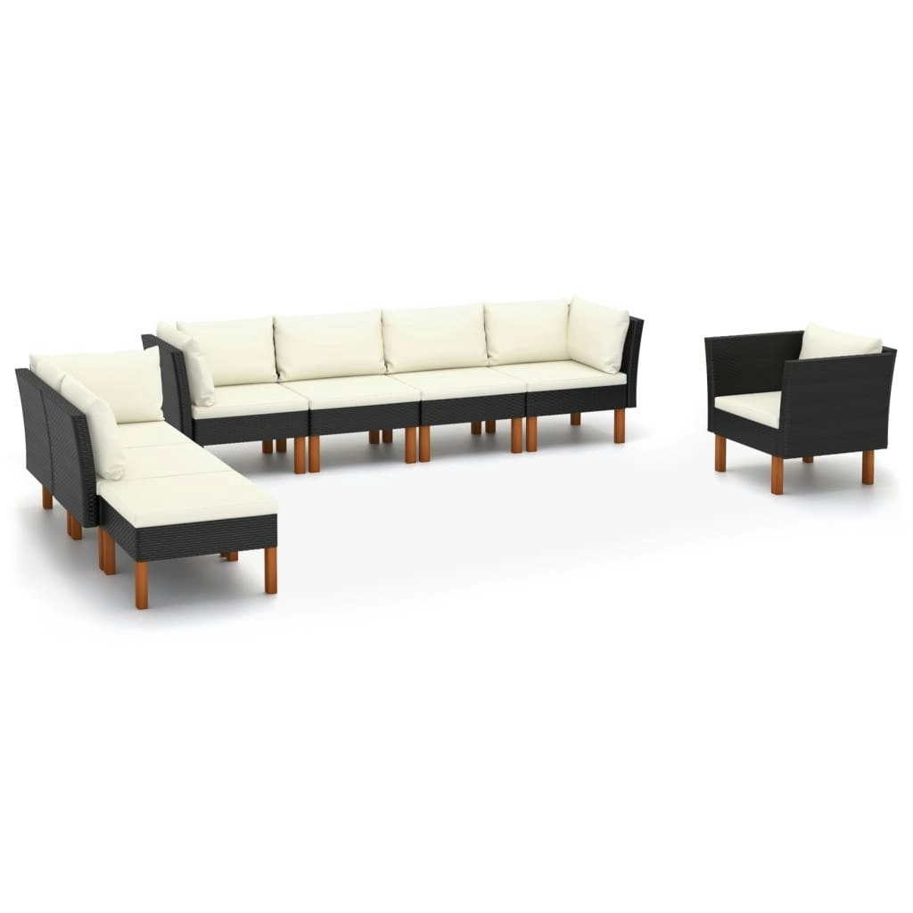 8 Piece Garden Lounge Set Poly Rattan and Eucalyptus Wood Black 3082087